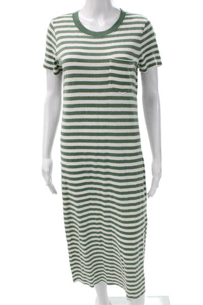 Outerknown Women Green Cotton Striped Maxi Dress Short Sleeve Round Neck Size S