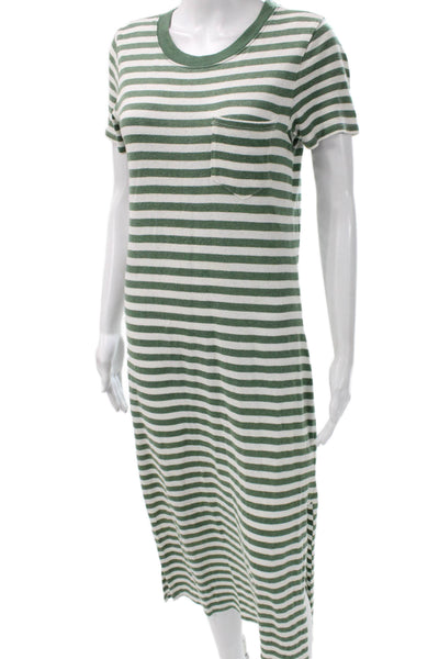Outerknown Women Green Cotton Striped Maxi Dress Short Sleeve Round Neck Size S