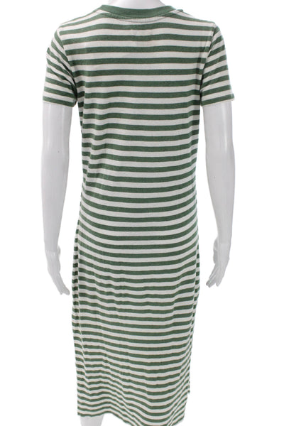 Outerknown Women Green Cotton Striped Maxi Dress Short Sleeve Round Neck Size S