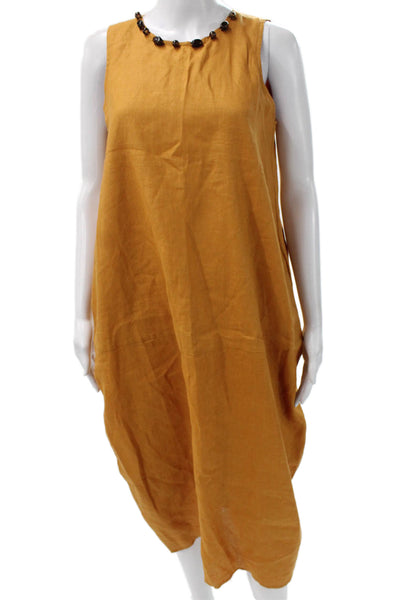 FIBFLX Womens Orange Trapeze Swing Linen Midi Dress Sleeveless Size S