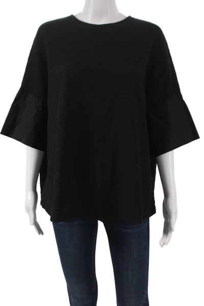 Odeeh Women Black Cotton Basic Round Neck Blouse 3/4 Sleeve Geometric Size 42