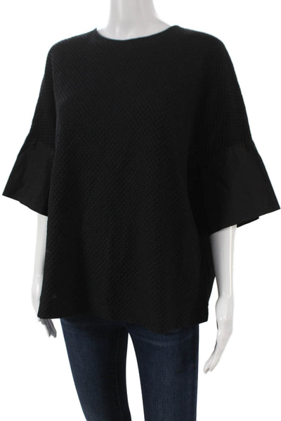 Odeeh Women Black Cotton Basic Round Neck Blouse 3/4 Sleeve Geometric Size 42