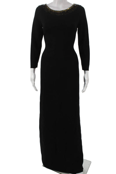 Oscar de la Renta Women Maxi Dress Black Wool Long Sleeve Round Neck Size M