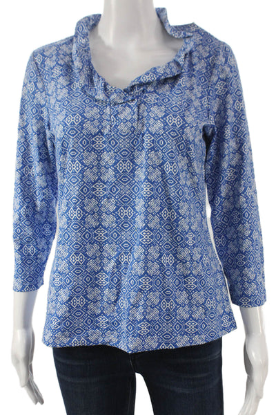 J. Mclaughlin Womens Basic Blue Geometric V-Neck 3/4 Sleeve Nylon Blouse Size M