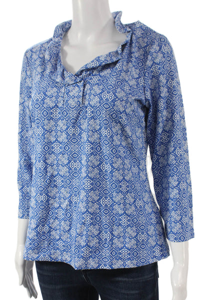 J. Mclaughlin Womens Basic Blue Geometric V-Neck 3/4 Sleeve Nylon Blouse Size M
