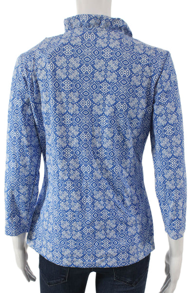 J. Mclaughlin Womens Basic Blue Geometric V-Neck 3/4 Sleeve Nylon Blouse Size M