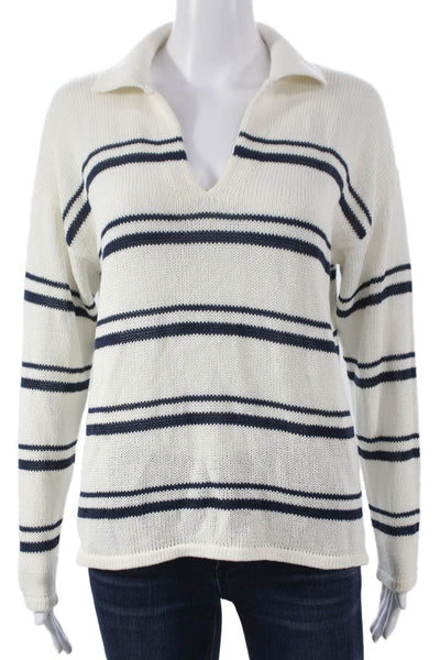 J. Mclaughlin Women Striped Collared Pullover Sweater White Long Sleeve Size M