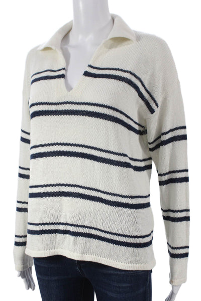 J. Mclaughlin Women Striped Collared Pullover Sweater White Long Sleeve Size M