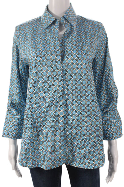 Hinson Wu Women Tunic Blouse Collared Cotton Blue 3/4 Sleeve Size S