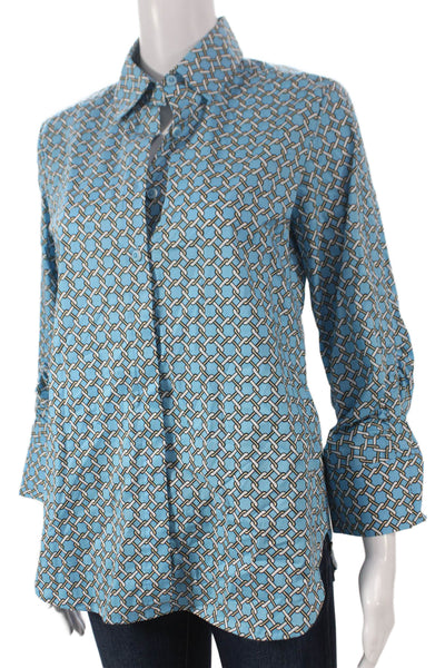 Hinson Wu Women Tunic Blouse Collared Cotton Blue 3/4 Sleeve Size S