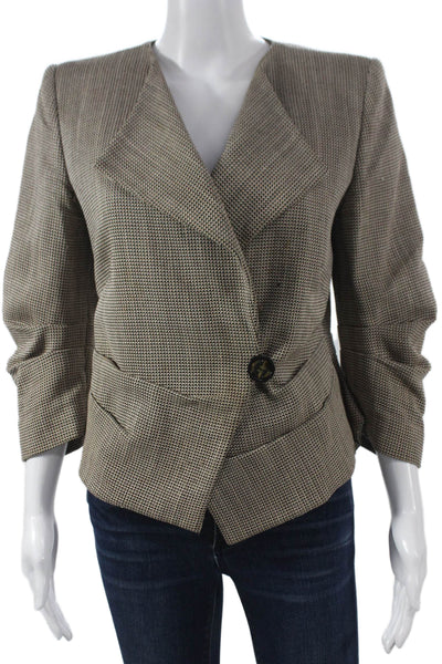 Womens Wool Check Jacket 3/4 Sleeve Button Multicolor Size 40
