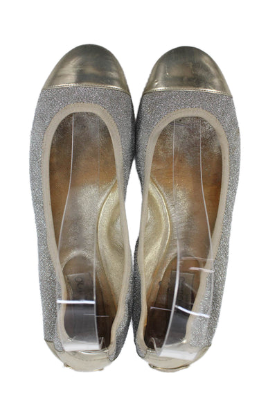Jimmy Choo Womens Slip On Metallic Knit Cap Toe Ballet Flats Silver Gold Size 39