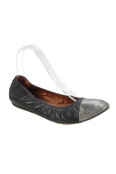 Lanvin Womens Slip On Metallic Cap Toe Ballet Flats Black Leather Size 39