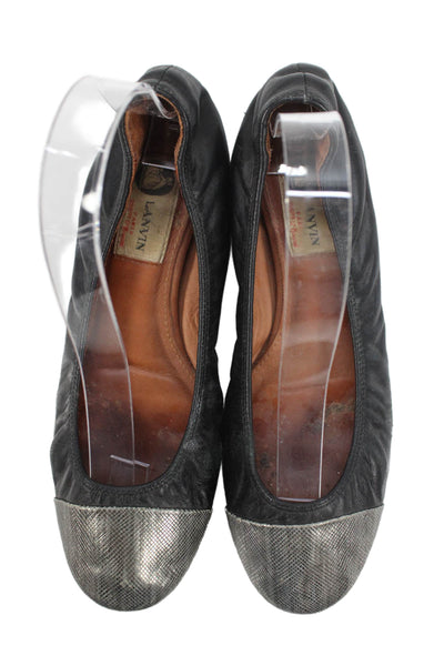 Lanvin Womens Slip On Metallic Cap Toe Ballet Flats Black Leather Size 39