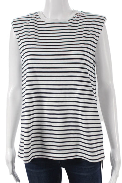 Tibi Womens Basic Striped Cotton Sleeveless Crewneck T-Shirt White Size S