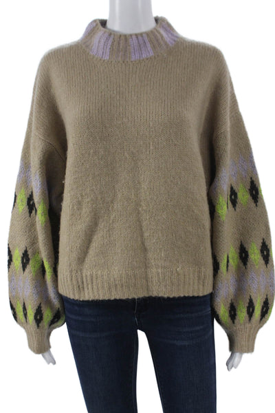 Stine Goya Womens Pullover Sweater Wool Argyle High Neck Beige Size M