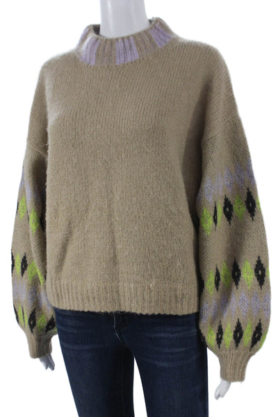 Stine Goya Womens Pullover Sweater Wool Argyle High Neck Beige Size M