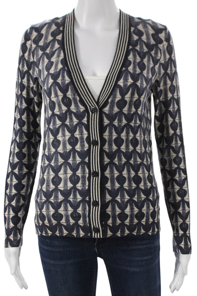Tory Burch Womens Merino Wool Geometric V Neck Cardigan Blue Long Sleeve Size S