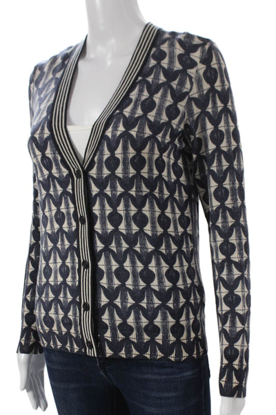 Tory Burch Womens Merino Wool Geometric V Neck Cardigan Blue Long Sleeve Size S