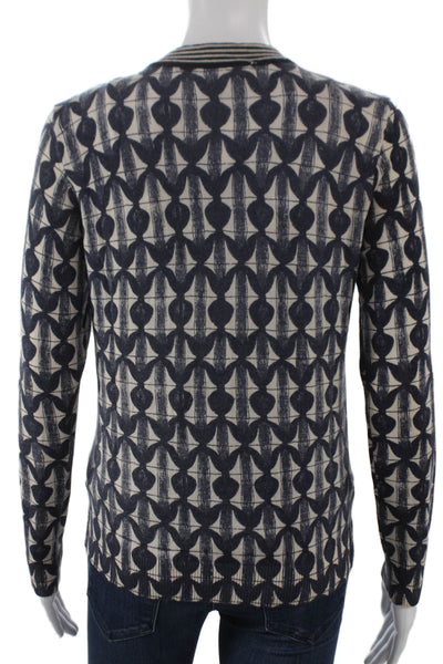 Tory Burch Womens Merino Wool Geometric V Neck Cardigan Blue Long Sleeve Size S