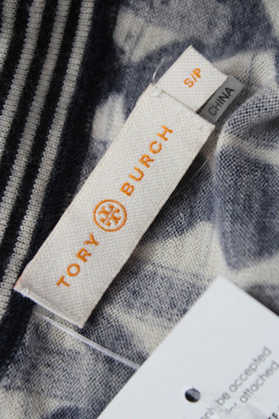Tory Burch Womens Merino Wool Geometric V Neck Cardigan Blue Long Sleeve Size S