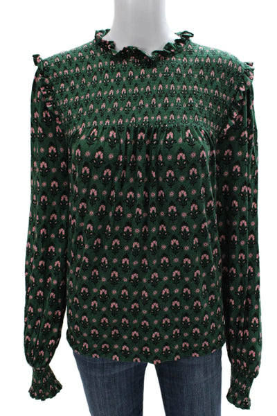 Boden Women Basic Floral Blouse Green High Neck Long Sleeve Viscose Size 14