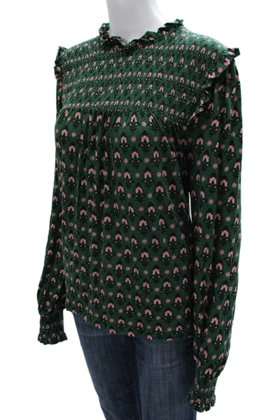 Boden Women Basic Floral Blouse Green High Neck Long Sleeve Viscose Size 14