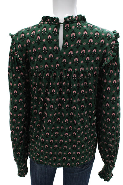 Boden Women Basic Floral Blouse Green High Neck Long Sleeve Viscose Size 14