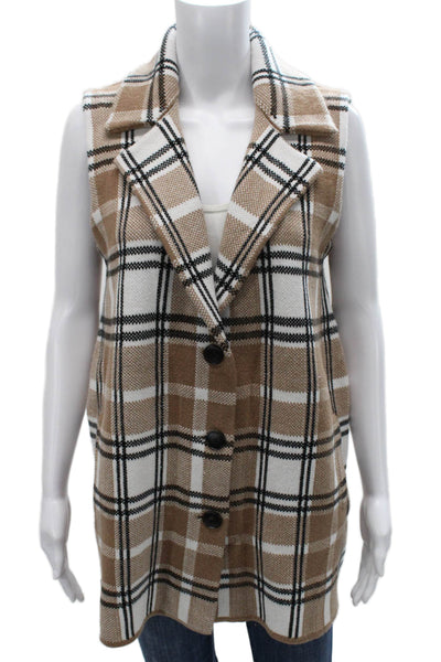 Tahari Women Plaid Rayon Sleeveless Button Vest Beige Size M