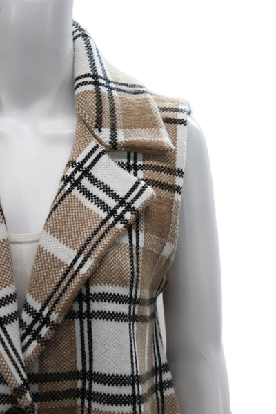 Tahari Women Plaid Rayon Sleeveless Button Vest Beige Size M