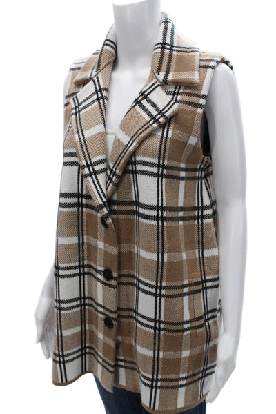 Tahari Women Plaid Rayon Sleeveless Button Vest Beige Size M