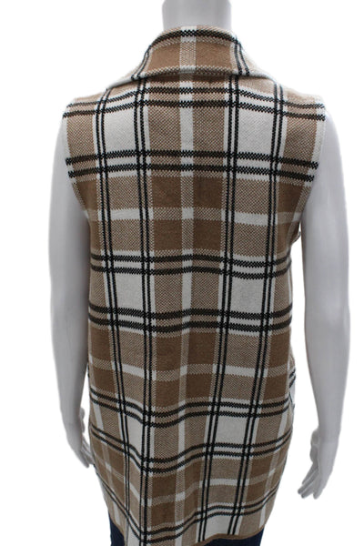 Tahari Women Plaid Rayon Sleeveless Button Vest Beige Size M