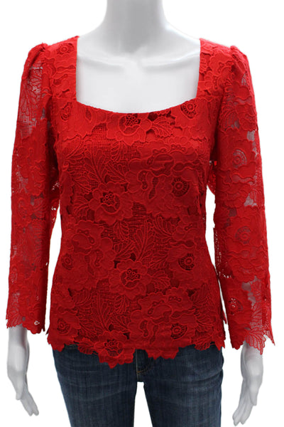 Nanette Lepore Women Blouse Red Floral Square Neck 3/4 Sleeve Zip Size 10