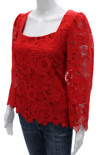 Nanette Lepore Women Blouse Red Floral Square Neck 3/4 Sleeve Zip Size 10