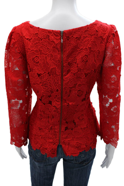 Nanette Lepore Women Blouse Red Floral Square Neck 3/4 Sleeve Zip Size 10