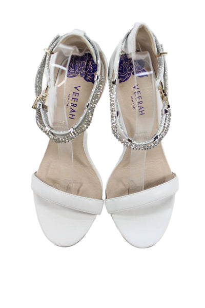 Veerah New York Womens Crystal Embellished Ankle Strap Heels Shoes White Size 6