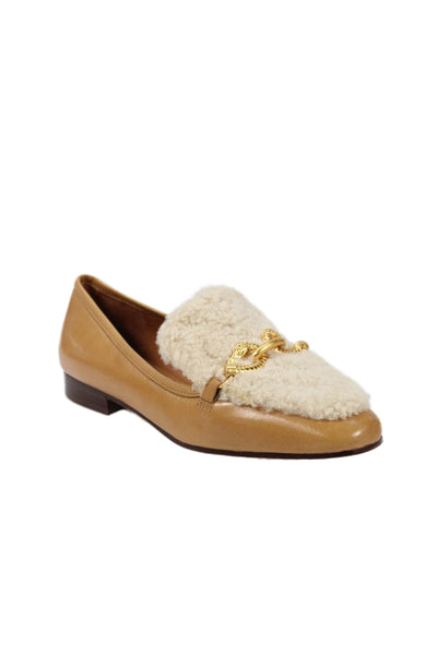 Tory Burch Womens Jessa Shearling Loafers Leather Shoes Caramel Size 5.5