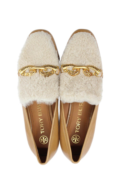 Tory Burch Womens Jessa Shearling Loafers Leather Shoes Caramel Size 5.5