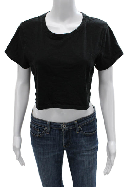 Loving People Women Cropped Black Cotton T-Shirt Crew Neck Short Sleeve Size M