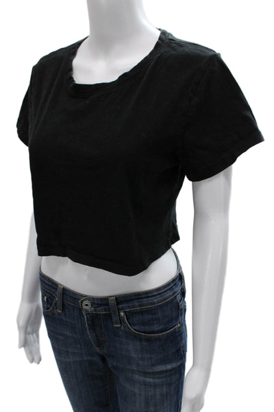 Loving People Women Cropped Black Cotton T-Shirt Crew Neck Short Sleeve Size M