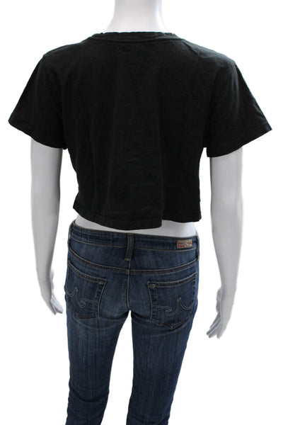 Loving People Women Cropped Black Cotton T-Shirt Crew Neck Short Sleeve Size M