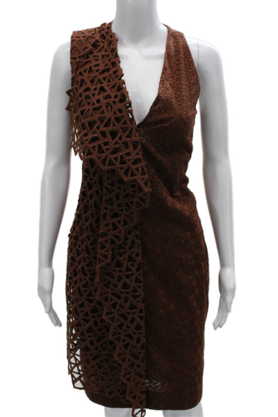 Akris Womens Sheath Dress Brown V Neck Sleeveless Geometric Zip Size 4
