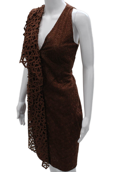 Akris Womens Sheath Dress Brown V Neck Sleeveless Geometric Zip Size 4