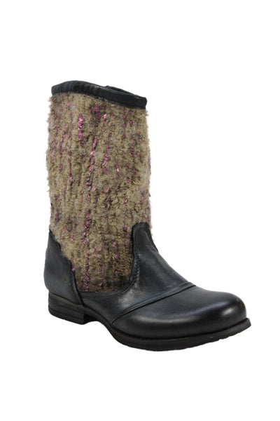 Bunker wOWomens Slip On Metallic Knit Trim Leather Boots Black Beige Size 38