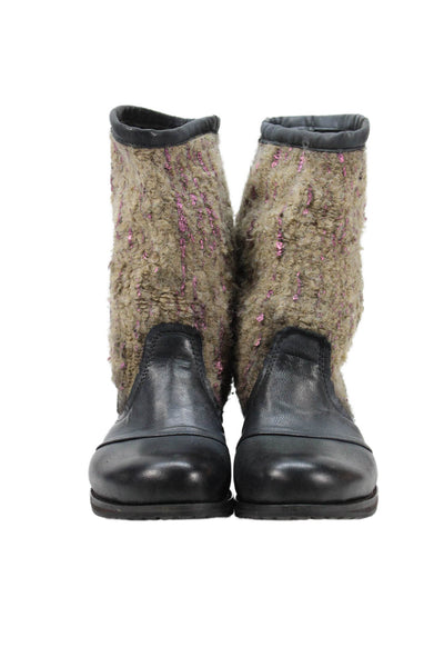 Bunker wOWomens Slip On Metallic Knit Trim Leather Boots Black Beige Size 38