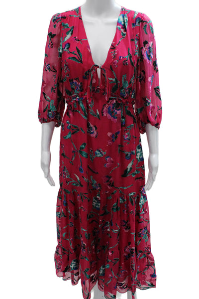 Tanya Taylor Womens Silk Floral V-Neck Maxi Dress 3/4 Sleeve Zip Pink Size 2