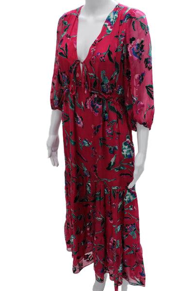 Tanya Taylor Womens Silk Floral V-Neck Maxi Dress 3/4 Sleeve Zip Pink Size 2