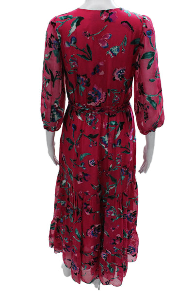 Tanya Taylor Womens Silk Floral V-Neck Maxi Dress 3/4 Sleeve Zip Pink Size 2