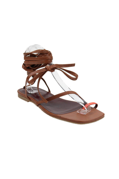 Staud Womens Leather Lace Up Toe Ring Sandals Brown Red Size 38 8
