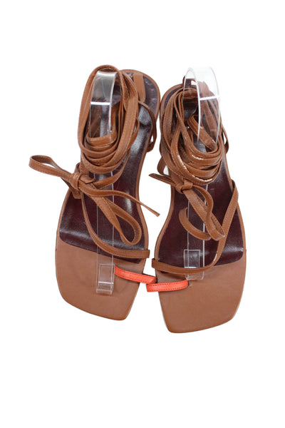 Staud Womens Leather Lace Up Toe Ring Sandals Brown Red Size 38 8